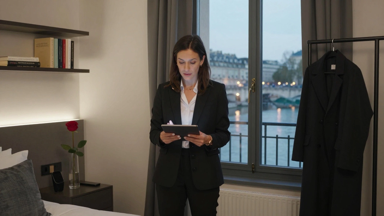 A professional woman reviewing a travel itinerary in a minimalist hotel room in Saint-Germain.