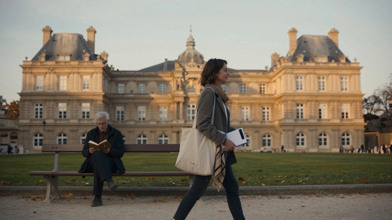 A woman walking alone through Luxembourg Gardens at golden hour, serene and self-possessed.