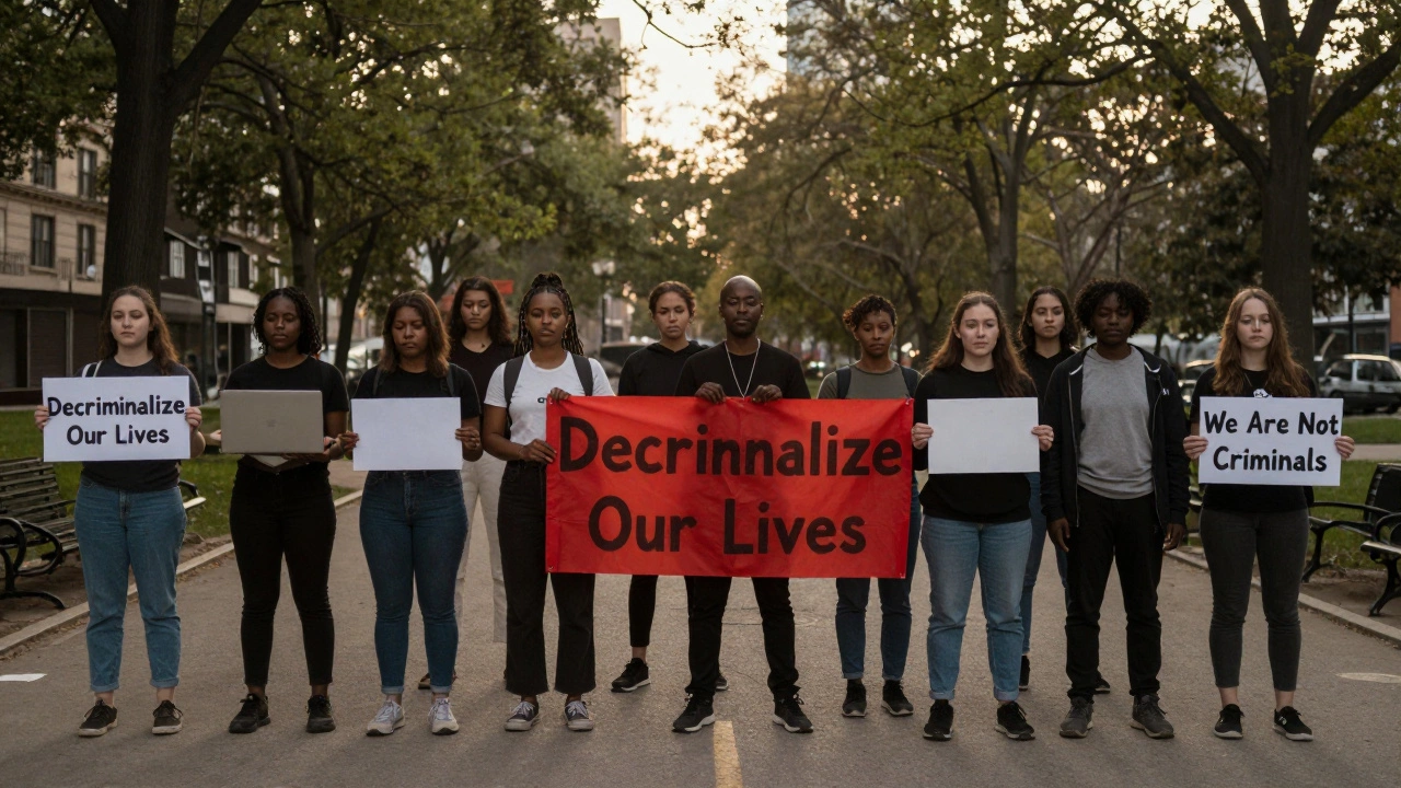 Diverse sex workers standing together in a park at dawn, holding signs for decriminalization and dignity.