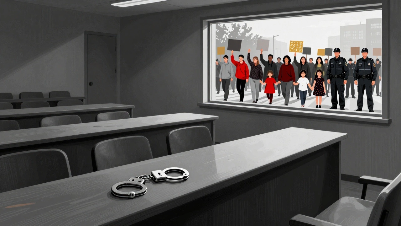 Empty courtroom with handcuffs on the bench, protest visible outside—systemic silence versus collective action.